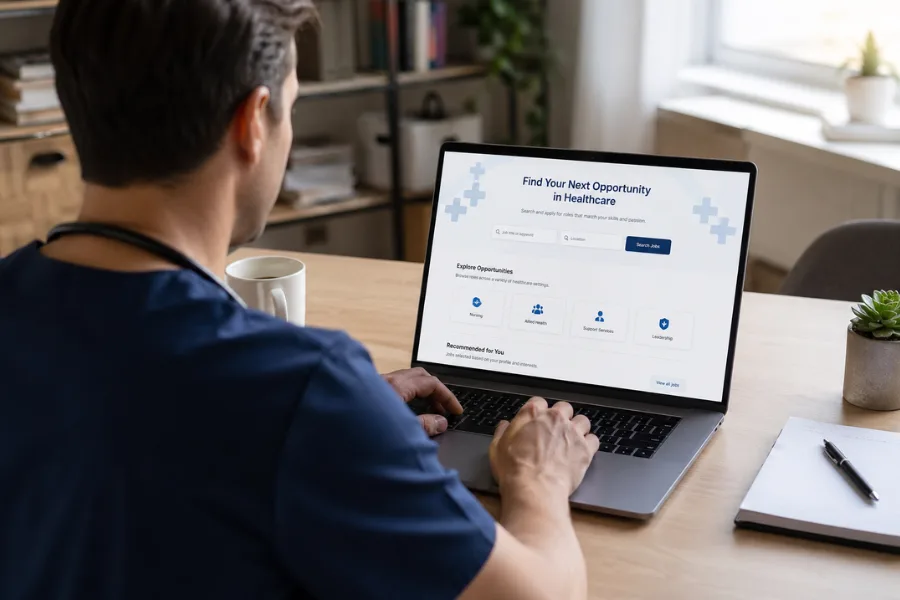 Profissional de enfermagem pesquisando vagas hospitalares em laptop em ambiente organizado de home office