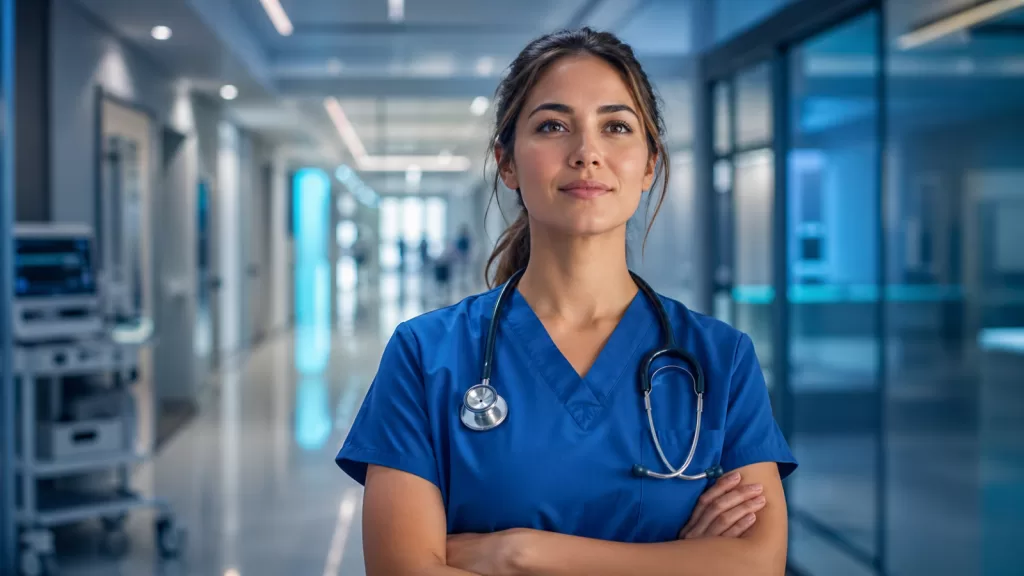 Profissional de enfermagem em corredor hospitalar moderno representando crescimento na carreira hospitalar