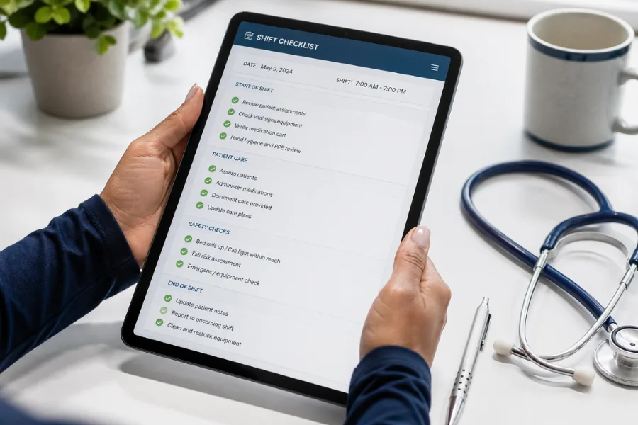 Mãos de profissional de enfermagem segurando tablet com checklist digital de preparação para candidatura e rotina hospitalar
