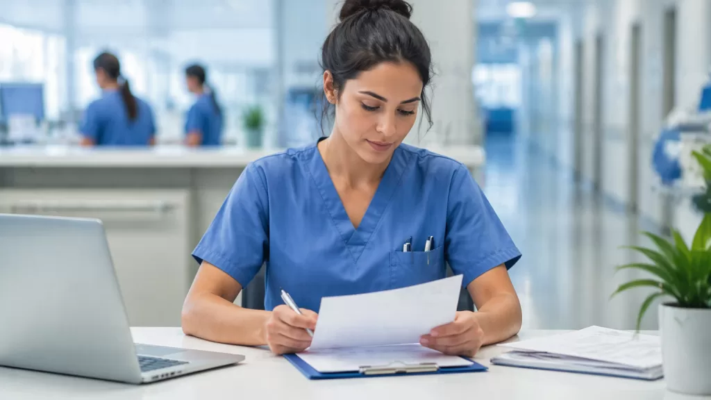 Profissional de enfermagem revisando currículo e documentos para vaga hospitalar em ambiente clínico