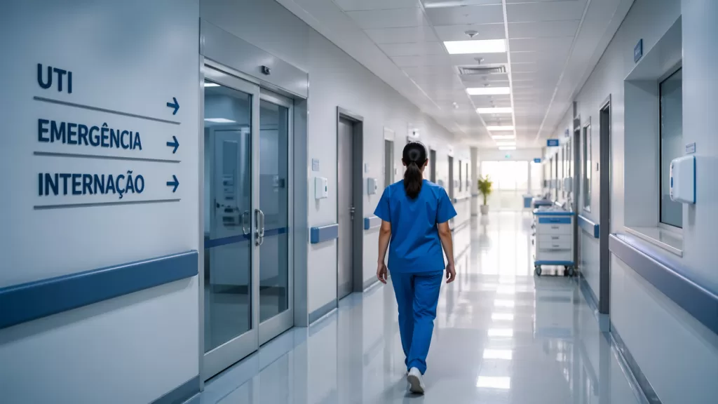 Corredor de hospital moderno com profissional de enfermagem caminhando em direção aos setores de UTI, emergência e internação