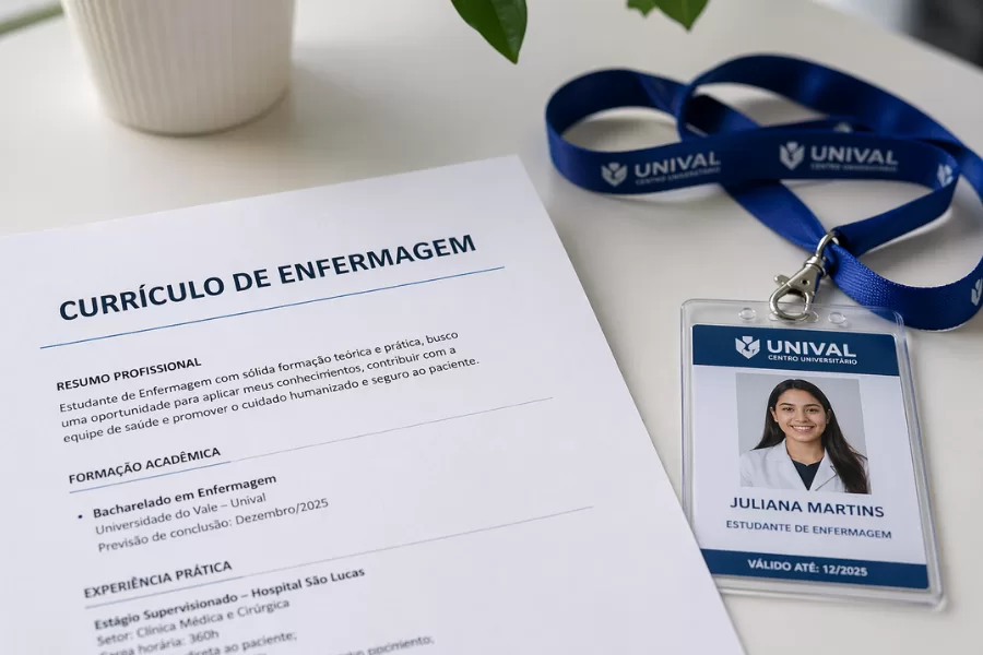 Currículo de enfermagem impresso ao lado de crachá de estudante com cordão azul sobre mesa branca