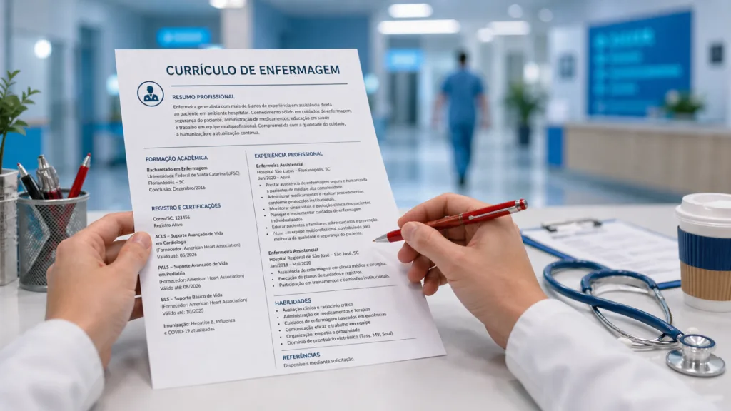 Recrutador analisando currículo de enfermagem em português durante triagem para vaga hospitalar