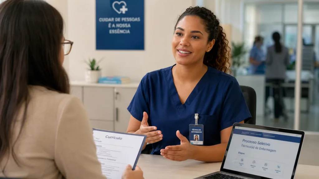 Técnica de enfermagem falando com segurança em entrevista de emprego hospitalar diante de recrutadora em escritório moderno