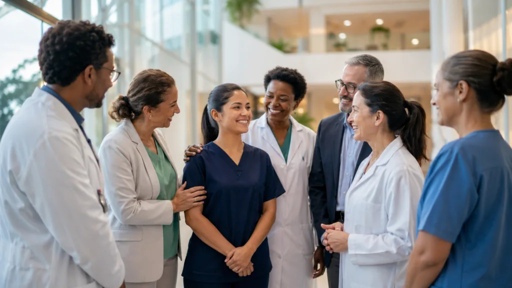 Equipe hospitalar recebendo técnica de enfermagem em ambiente moderno durante processo de integração profissional