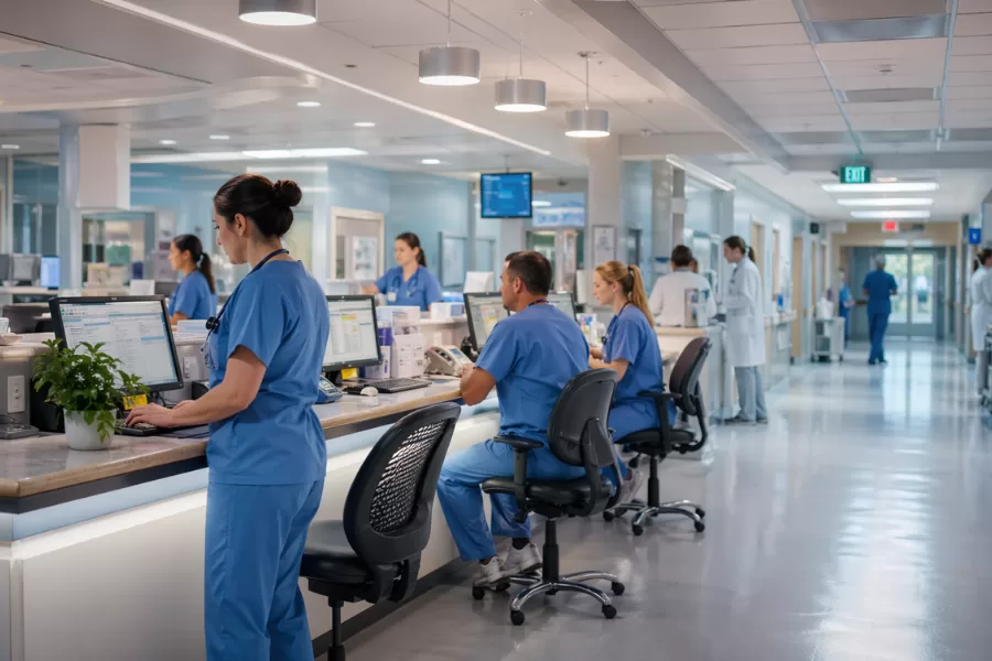 Estação de enfermagem moderna em hospital com profissionais de saúde organizando atendimentos e registros clínicos