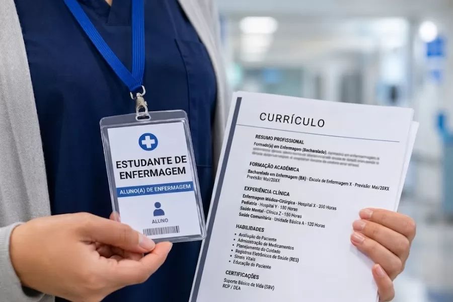 Estudante de enfermagem com crachá e currículo pronto para entrevista de emprego em hospital