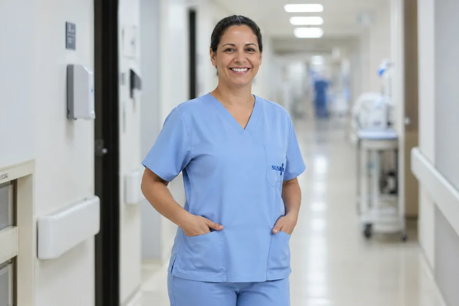 Técnica de enfermagem em corredor hospitalar moderno com postura profissional e sorriso acolhedor