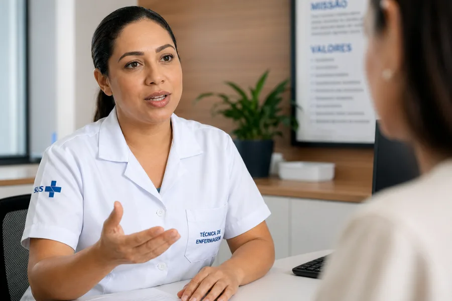 Técnica de enfermagem em entrevista hospitalar explicando sua experiência de forma clara e profissional