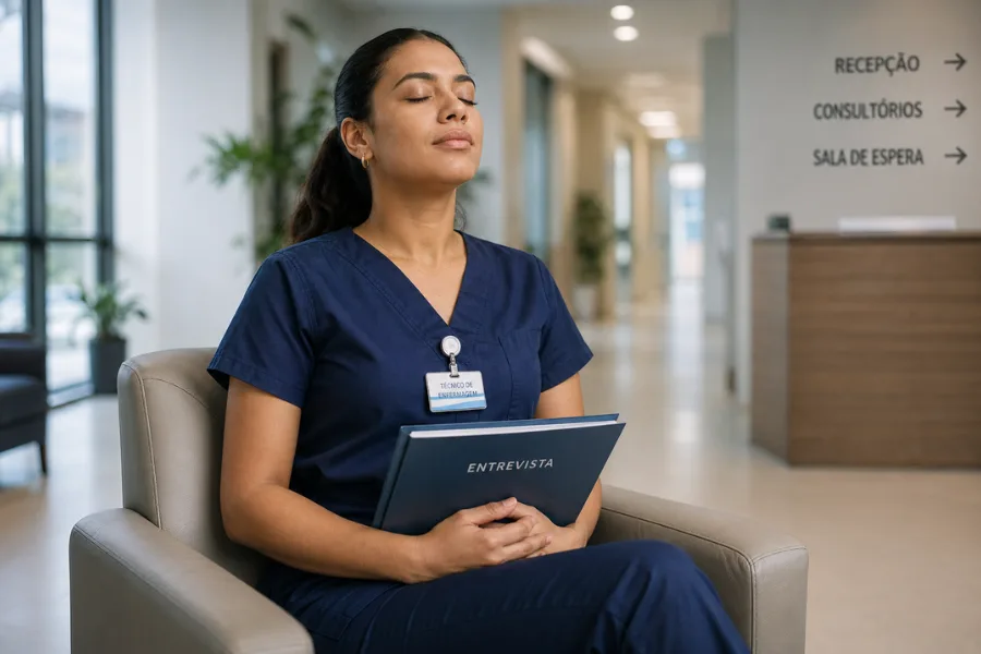 O que falar na entrevista de emprego para hospital sem parecer inseguro Técnica de enfermagem aguardando entrevista em sala de espera de hospital com postura calma e preparada