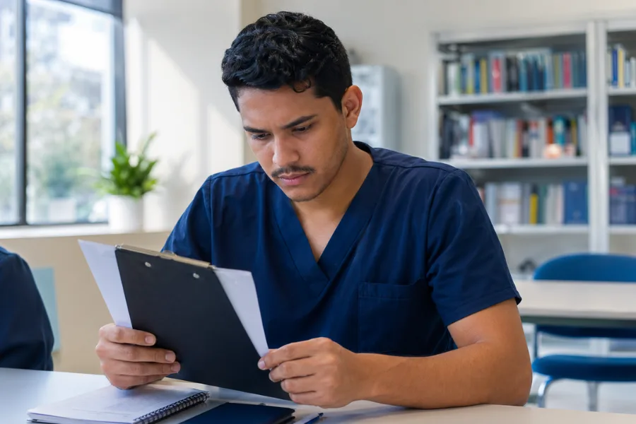 Técnico de enfermagem revisando currículo antes de entrevista em ambiente hospitalar moderno