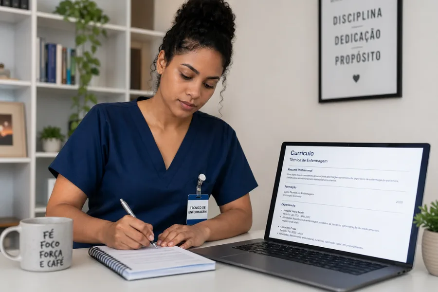 Técnica de enfermagem revisando currículo no laptop e fazendo anotações em casa antes de se candidatar a vaga hospitalar