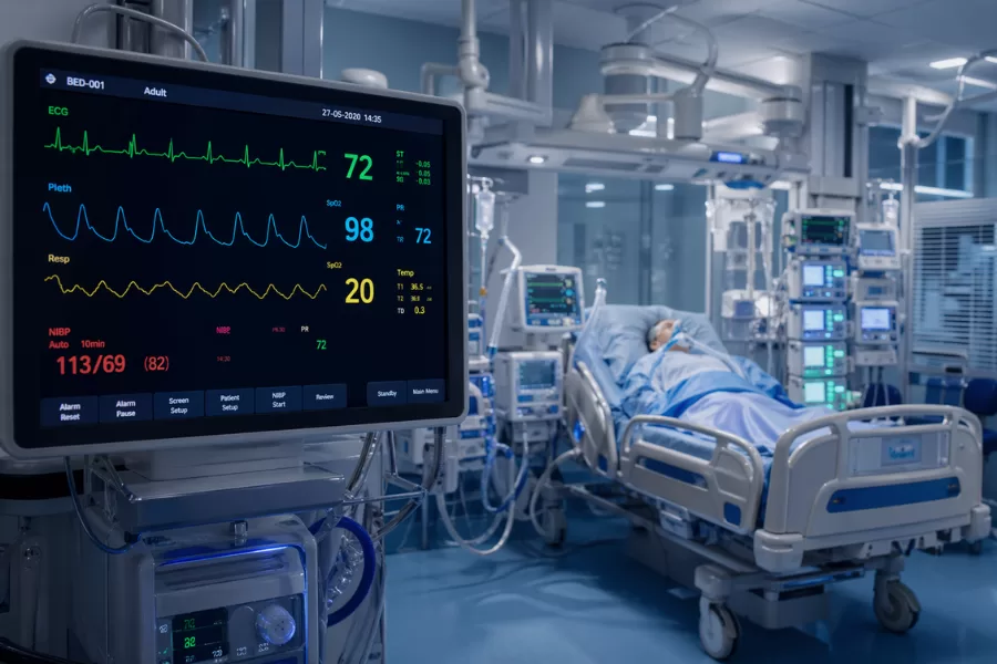 Técnico de enfermagem na UTI: o que faz, perfil e oportunidades UTI moderna com monitor de sinais vitais, leito intensivo, ventilador mecânico e equipamentos hospitalares
