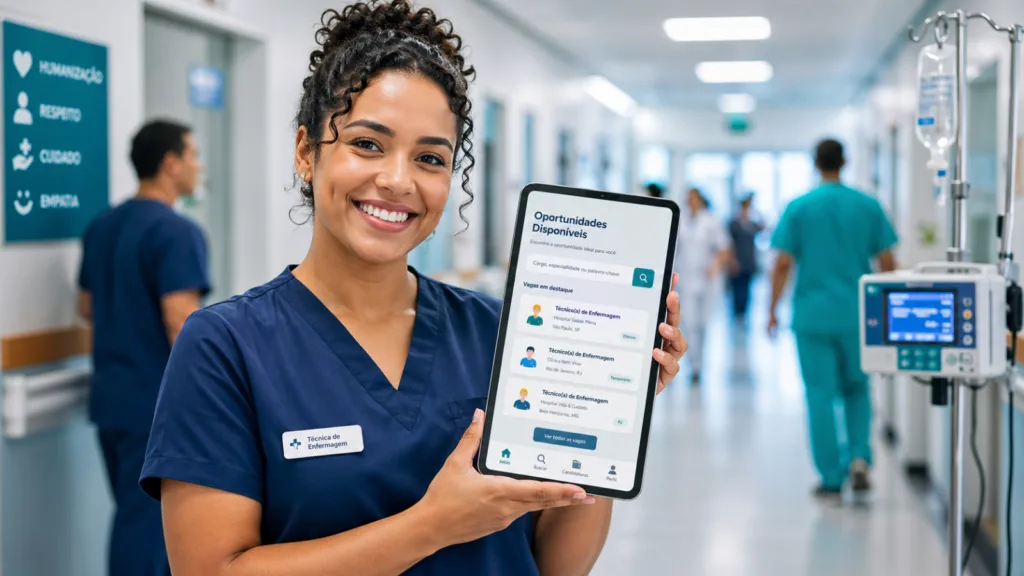 Técnica de enfermagem usando tablet para buscar vagas hospitalares em corredor de hospital moderno