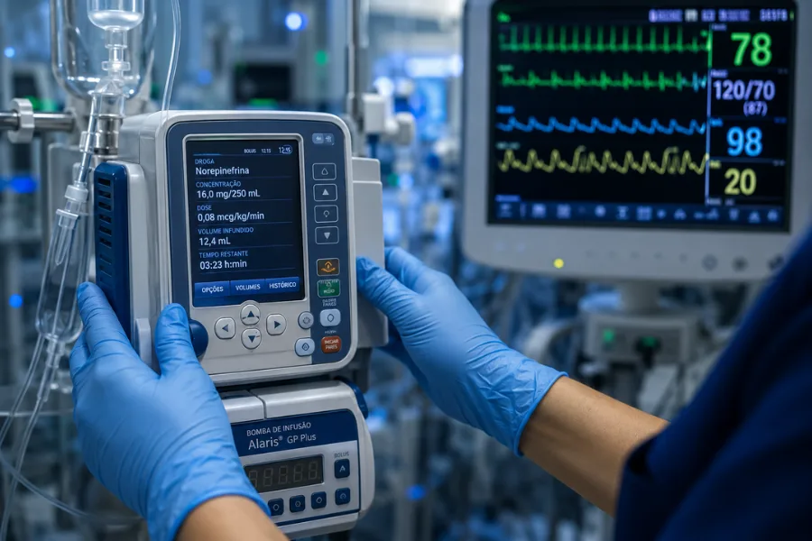 Profissional de enfermagem ajustando bomba de infusão em UTI moderna durante prática de especialização em enfermagem