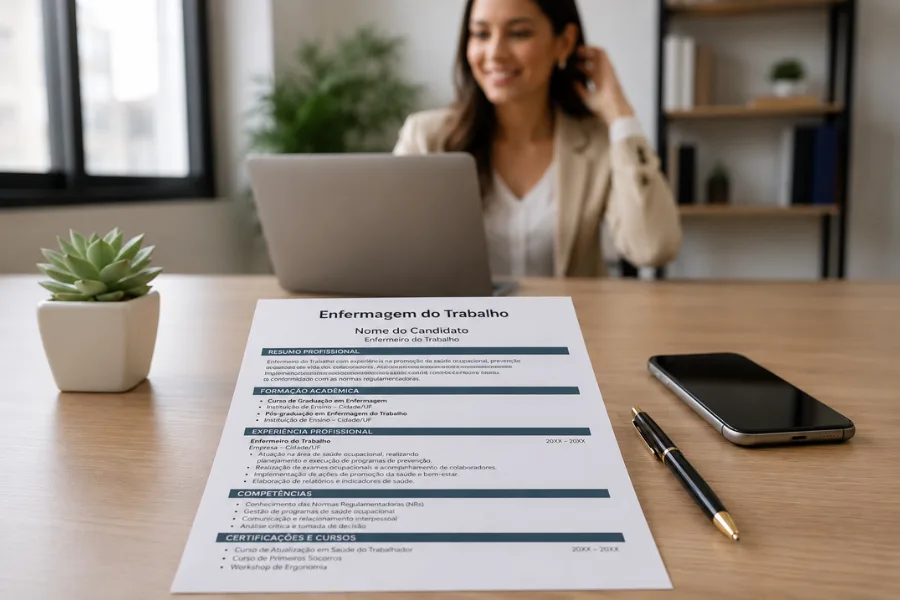 Currículo de enfermagem do trabalho sobre mesa com celular, caneta e profissional se preparando para entrevista em escritório moderno