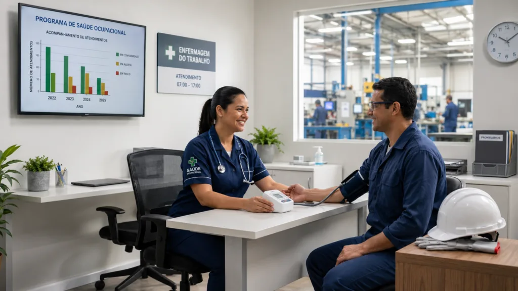 Enfermeira do trabalho aferindo pressão arterial de trabalhador em clínica de saúde ocupacional dentro de empresa com área industrial ao fundo