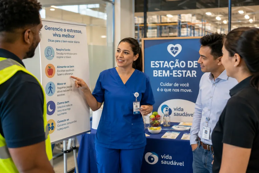 Enfermeira do trabalho orientando funcionários em estação de bem-estar sobre saúde ocupacional e prevenção no ambiente corporativo