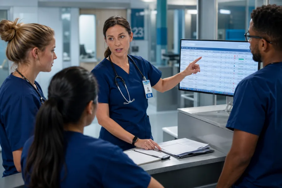 Enfermeira liderando reunião com equipe de enfermagem em posto hospitalar moderno usando prontuário digital na tela do computador