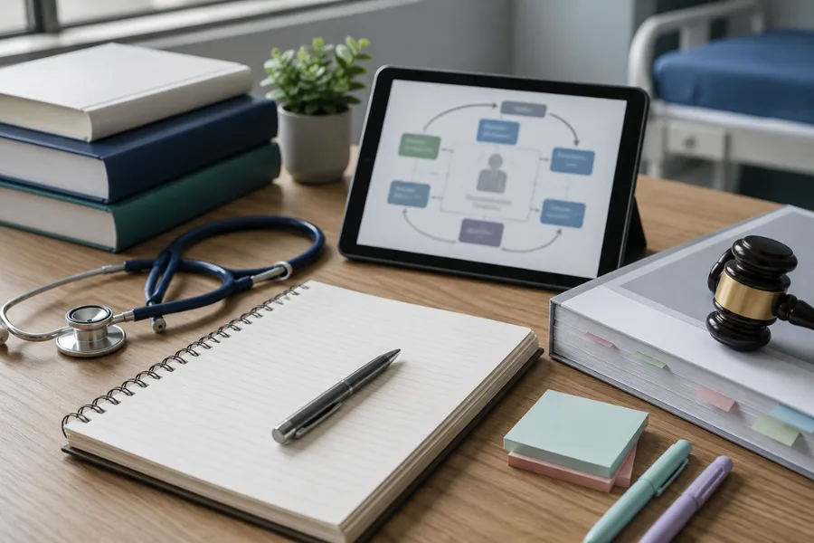 Mesa de estudos com materiais de enfermagem representando o aprendizado sobre Processo de Enfermagem.