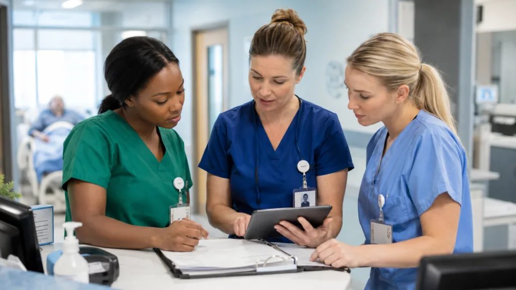 Equipe de enfermagem analisando prontuário e organizando o cuidado profissional em ambiente hospitalar.