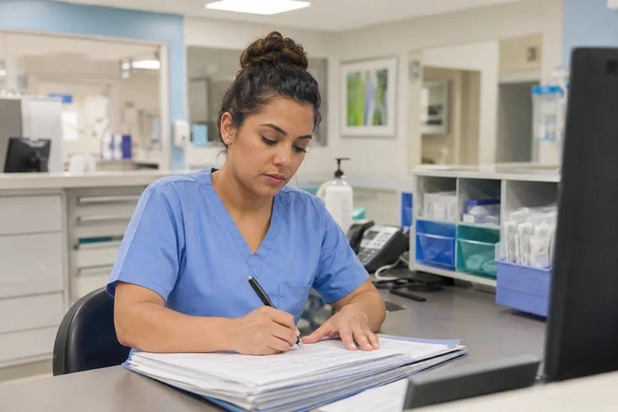 Técnica de enfermagem registrando informações no prontuário durante a rotina de plantão.