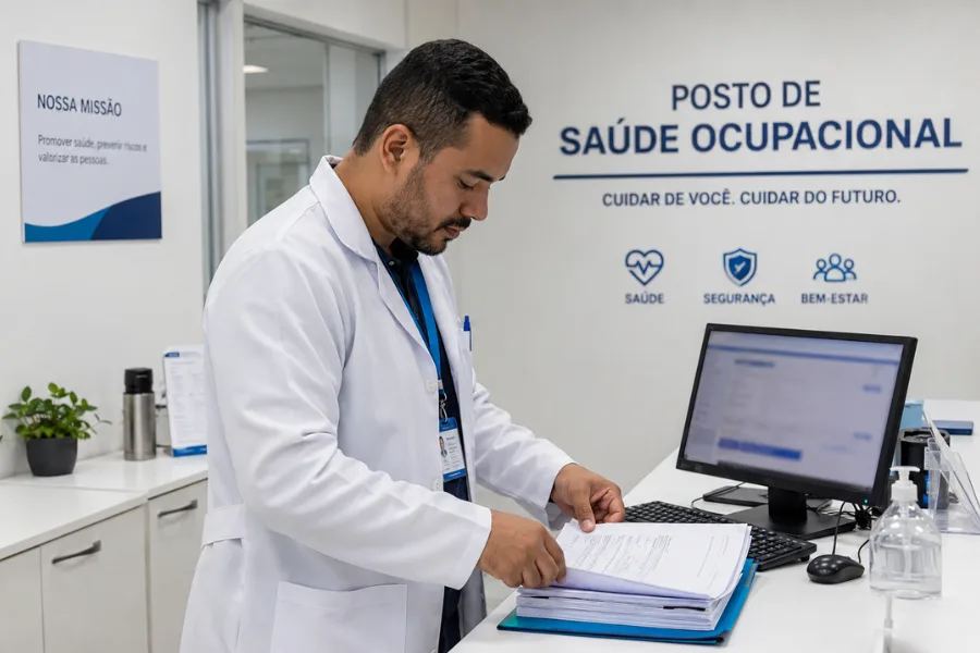 Técnico de enfermagem do trabalho organizando prontuários ocupacionais em posto de saúde dentro de empresa moderna