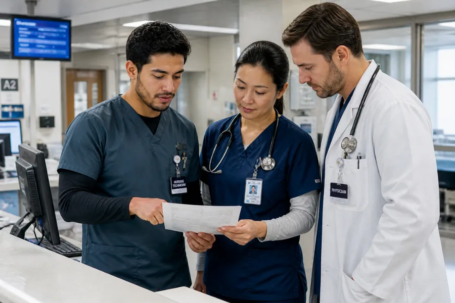 Técnico de enfermagem pode crescer na carreira hospitalar? Técnico de enfermagem participando ativamente de discussão clínica com médico e enfermeiro em estação de enfermagem, apontando para prontuário e demonstrando colaboração, liderança e trabalho em equipe em ambiente hospitalar moderno.