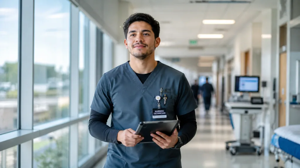 Técnico de enfermagem confiante caminhando por corredor de hospital moderno e bem iluminado, vestindo scrubs profissionais e segurando um tablet, com expressão acolhedora e ambiente clínico organizado ao fundo.