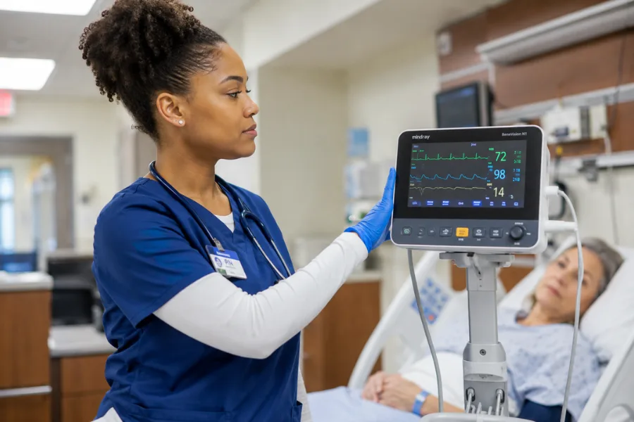 Técnica de enfermagem monitorando sinais vitais de paciente em quarto hospitalar moderno com cuidado direto e atenção clínica
