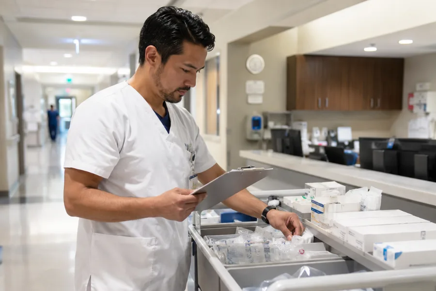 Técnico de enfermagem organizando carrinho de materiais hospitalares e conferindo checklist em corredor moderno de hospital