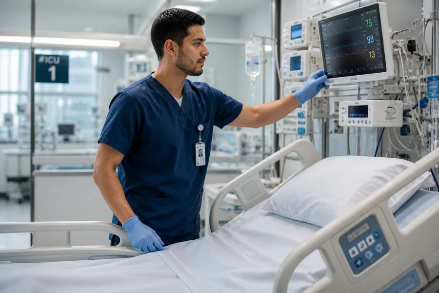 Técnico de enfermagem pode crescer na carreira hospitalar? Técnico de enfermagem em UTI preparando cuidadosamente um leito hospitalar moderno e ajustando monitores de sinais vitais, demonstrando precisão e conhecimento técnico em ambiente clínico avançado e bem iluminado.