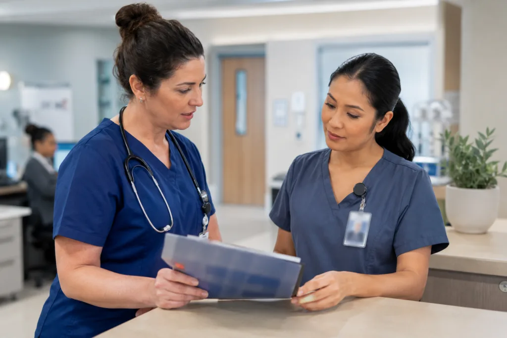Enfermeira orientando técnico de enfermagem com postura profissional e comunicação clara.