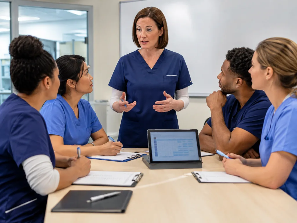 Enfermeira líder orientando equipe de enfermagem em reunião profissional no hospital.