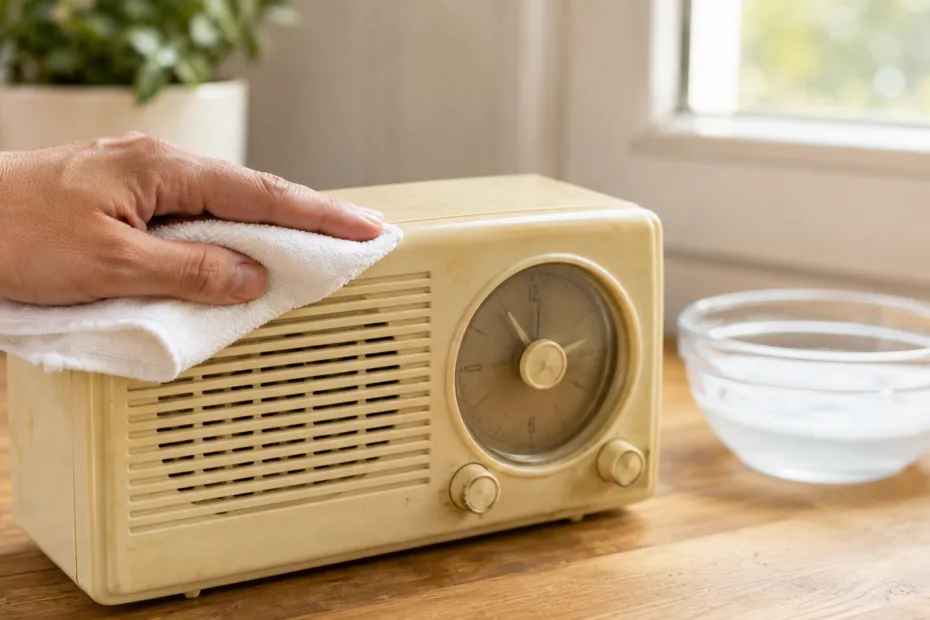 Persona limpiando cuidadosamente un radio antiguo de plástico amarillento con un paño de microfibra.