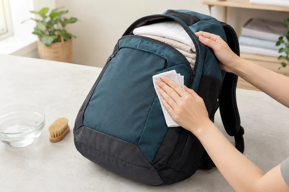 Persona limpiando a mano una mochila apoyada y rellena con toallas para conservar su forma.