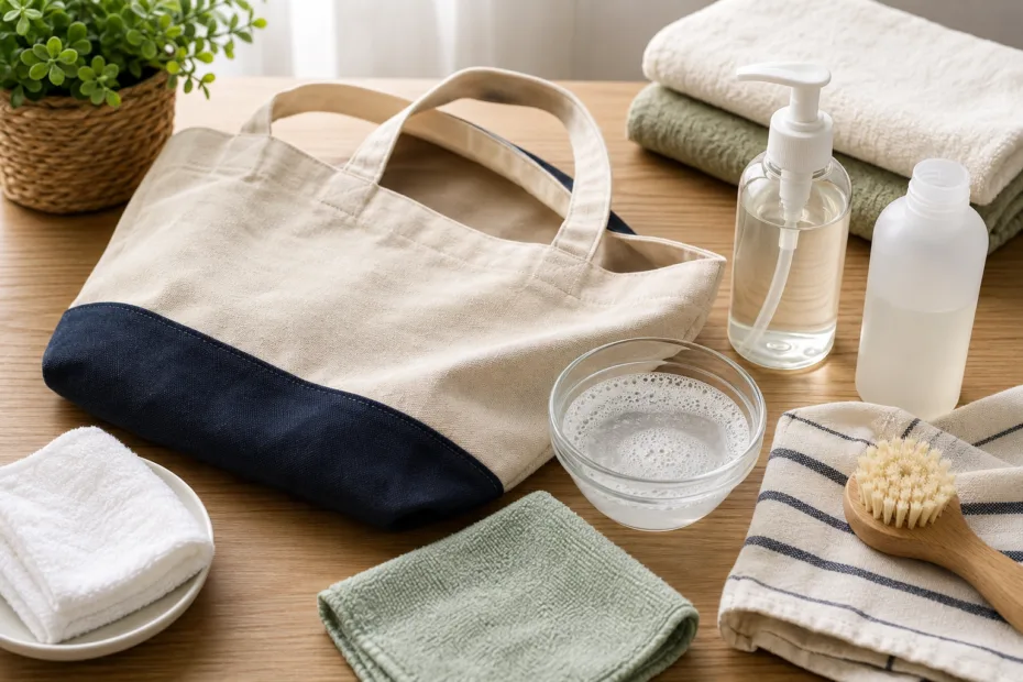 Bolso de tela junto a detergente suave, paños, cepillo y agua jabonosa sobre una mesa de madera.