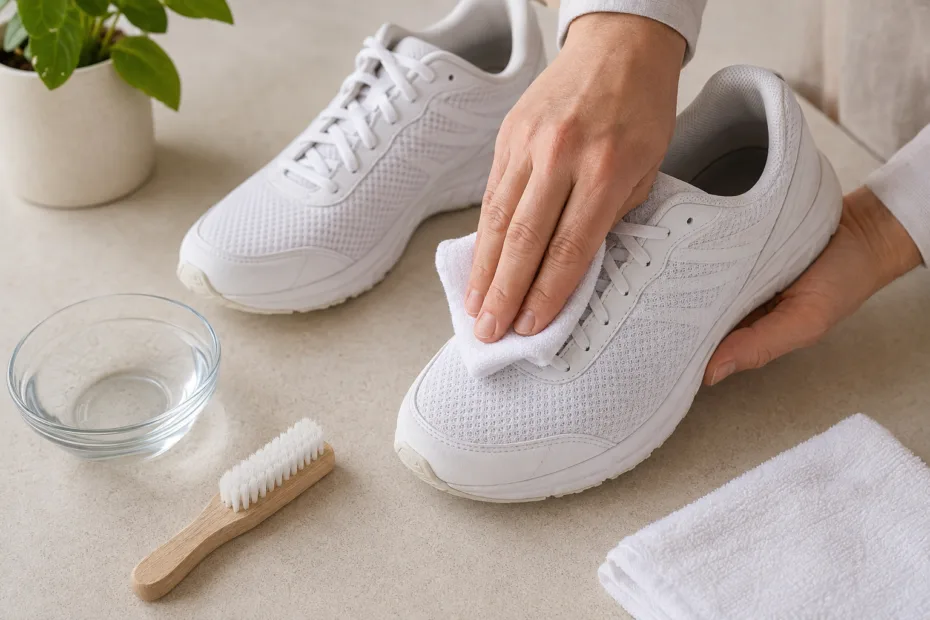 Persona limpiando suavemente unas zapatillas blancas con un paño húmedo junto a un cepillo de cerdas suaves.