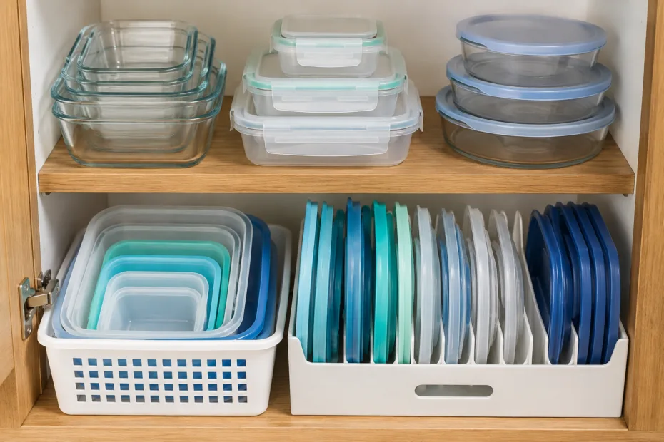 Recipientes de cocina organizados por tamaño con tapas colocadas en vertical dentro de un armario.