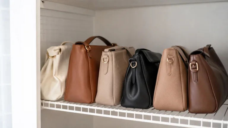 Bolsos de material sintético apoyados en una estantería ventilada con relleno ligero para conservar su forma
