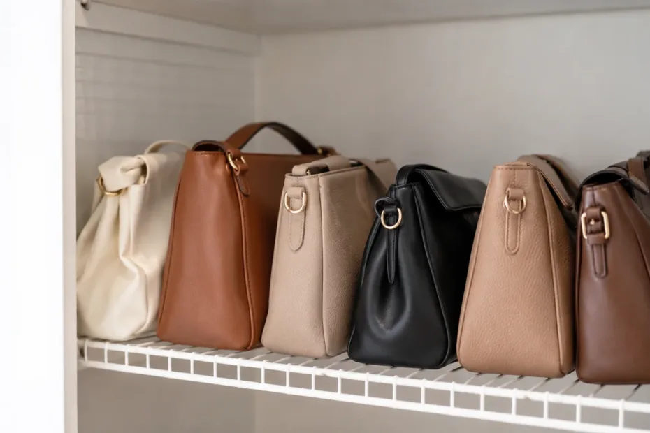 Bolsos de material sintético apoyados en una estantería ventilada con relleno ligero para conservar su forma