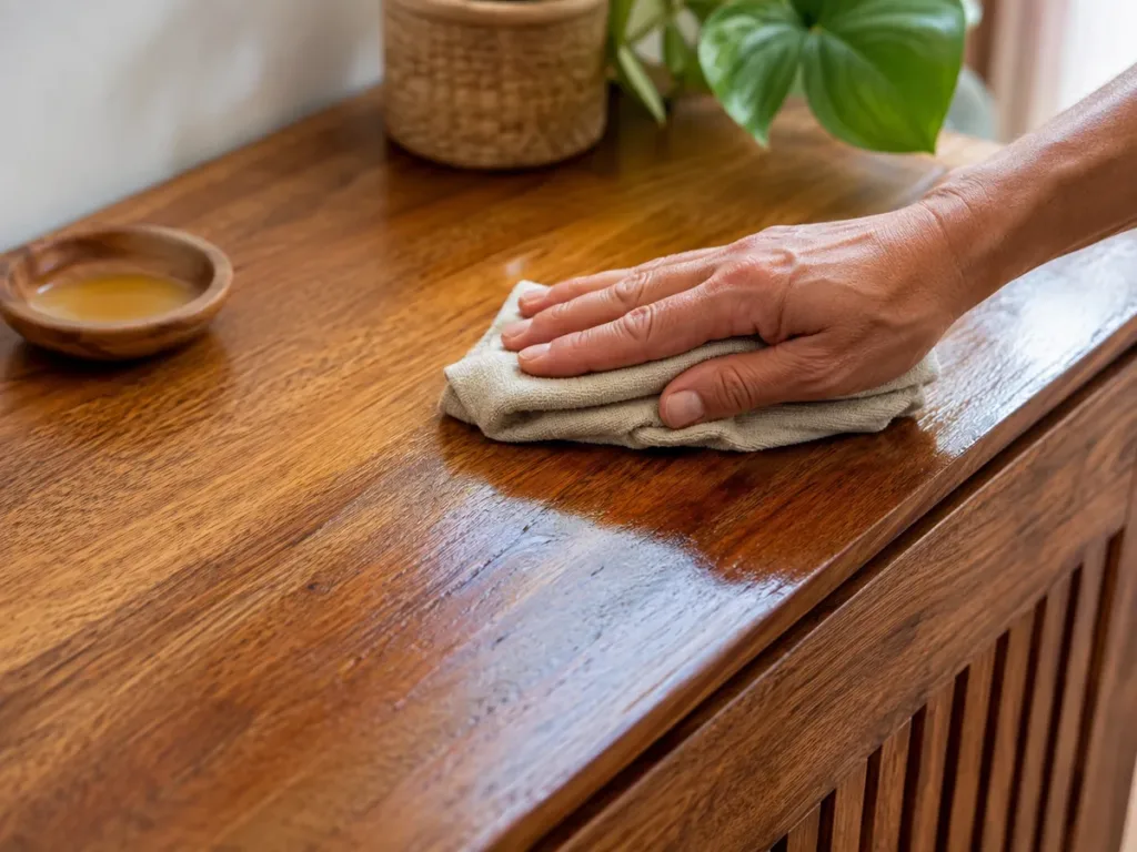 Mano aplicando un cuidado protector con un paño suave sobre una superficie de madera