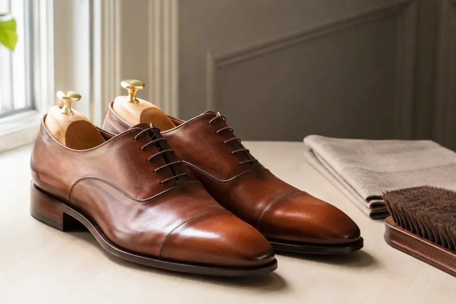 Par de zapatos de cuero marrón bien conservados con soporte interior, cepillo suave y paño en un ambiente seco