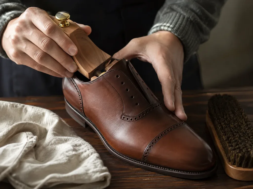 Zapato de cuero marrón junto a un cepillo suave y un paño para limpiar y conservar sin deformarlo