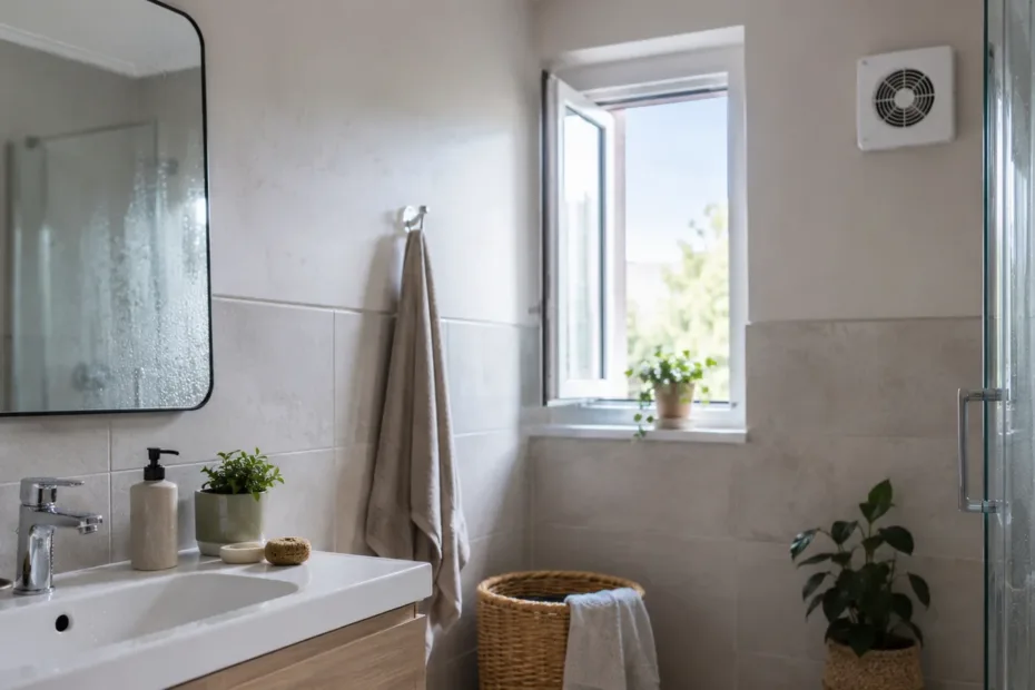 Baño limpio y luminoso con ventana abierta, extractor visible y superficies secas después de la ducha