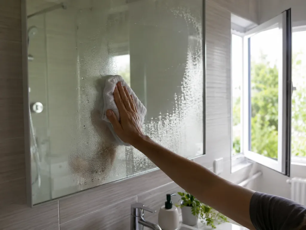 Mano secando un espejo con condensación en un baño mientras entra aire por una ventana abierta
