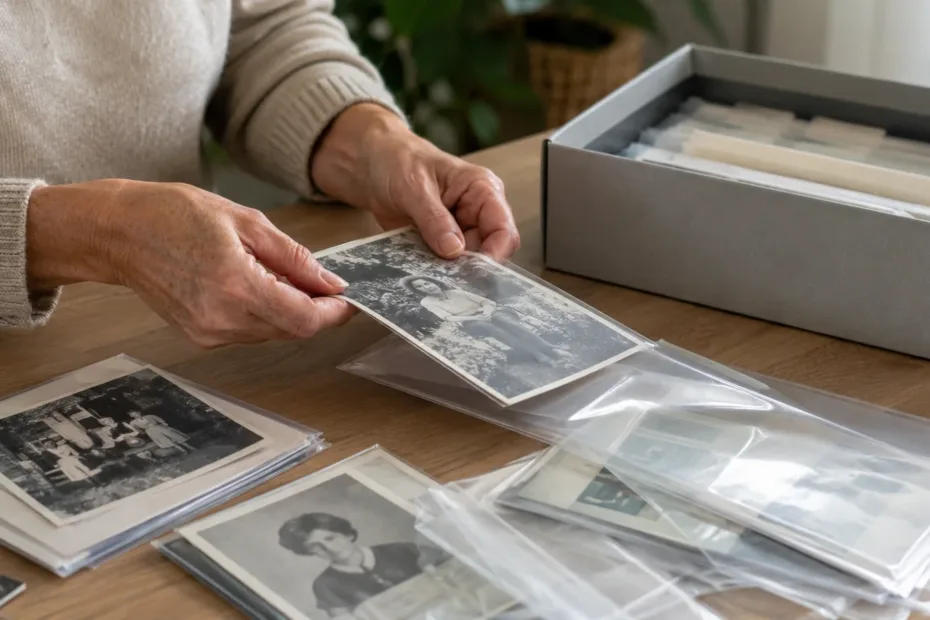 Manos organizando fotografías impresas y fundas protectoras sobre una mesa de madera con caja de archivo al lado