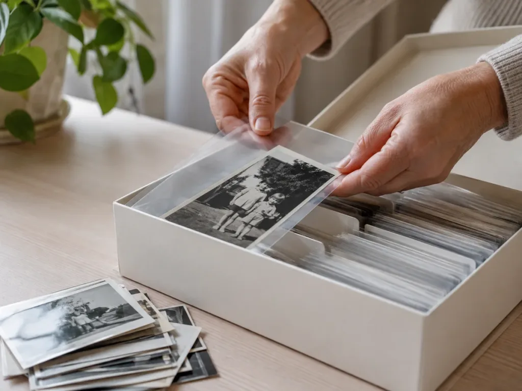 Fotografía antigua siendo colocada dentro de una funda protectora en una caja de archivo para conservarla mejor