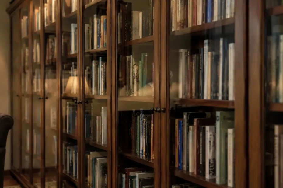Estantería de madera con libros colocados verticalmente junto a una ventana con luz filtrada por cortinas