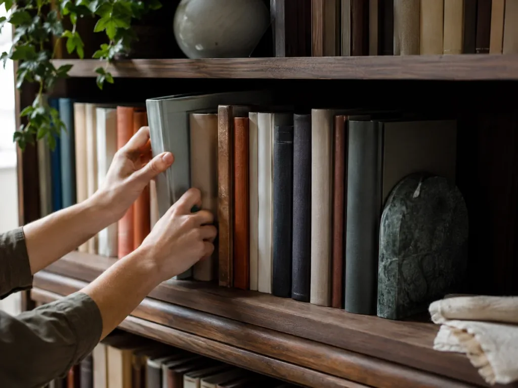 Libros colocados de pie con espacio moderado en una estantería y un cepillo suave para retirar el polvo